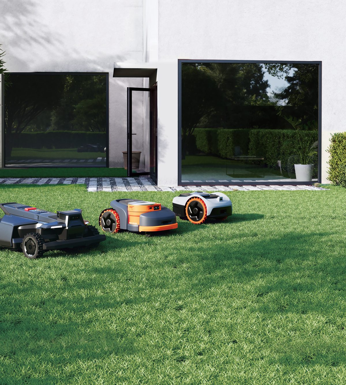 The 2026 Navimow lineup on a maintained lawn: i2 AWD, H2, and X4 series robotic mowers.