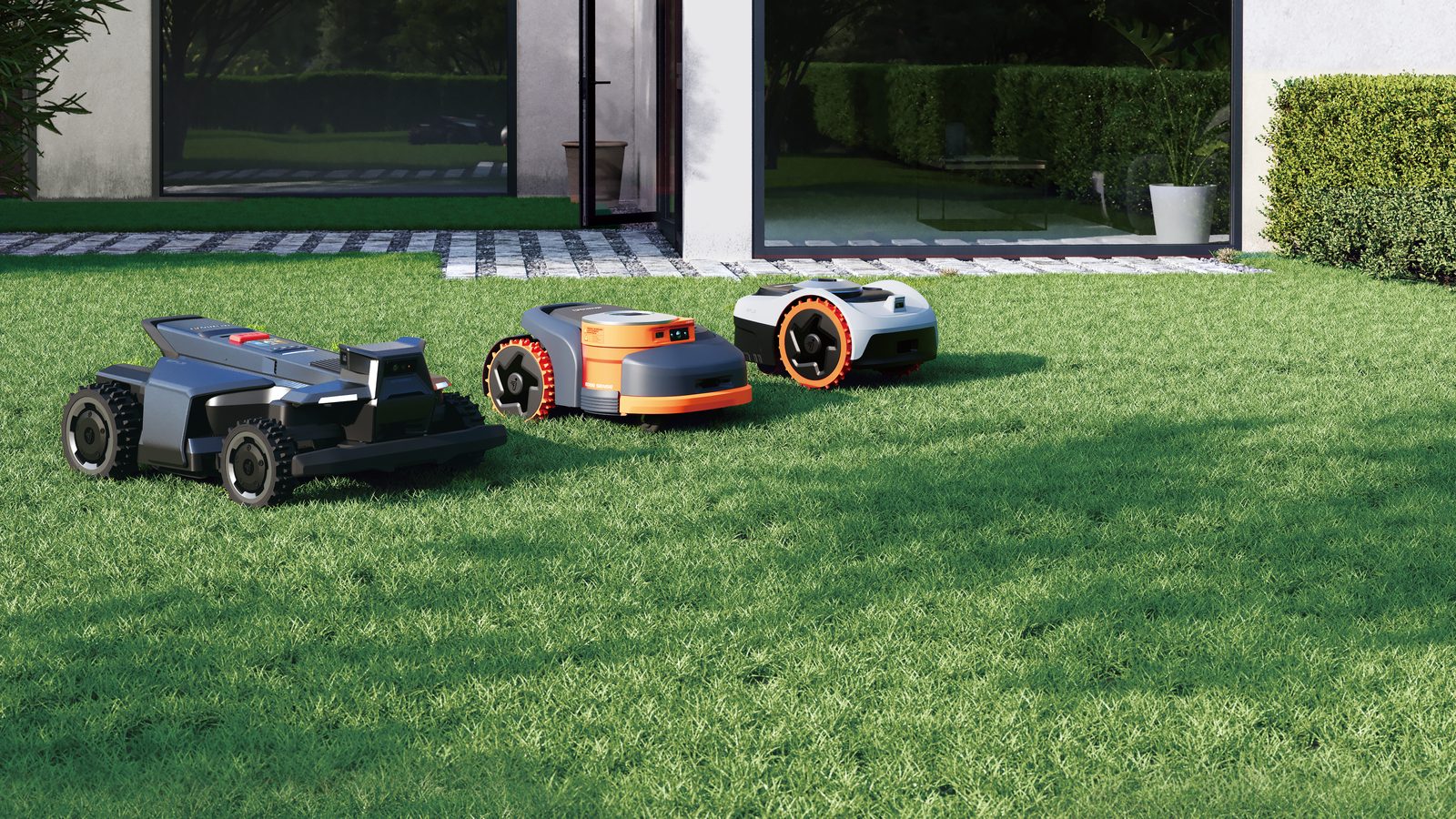 The 2026 Navimow lineup on a maintained lawn: i2 AWD, H2, and X4 series robotic mowers.